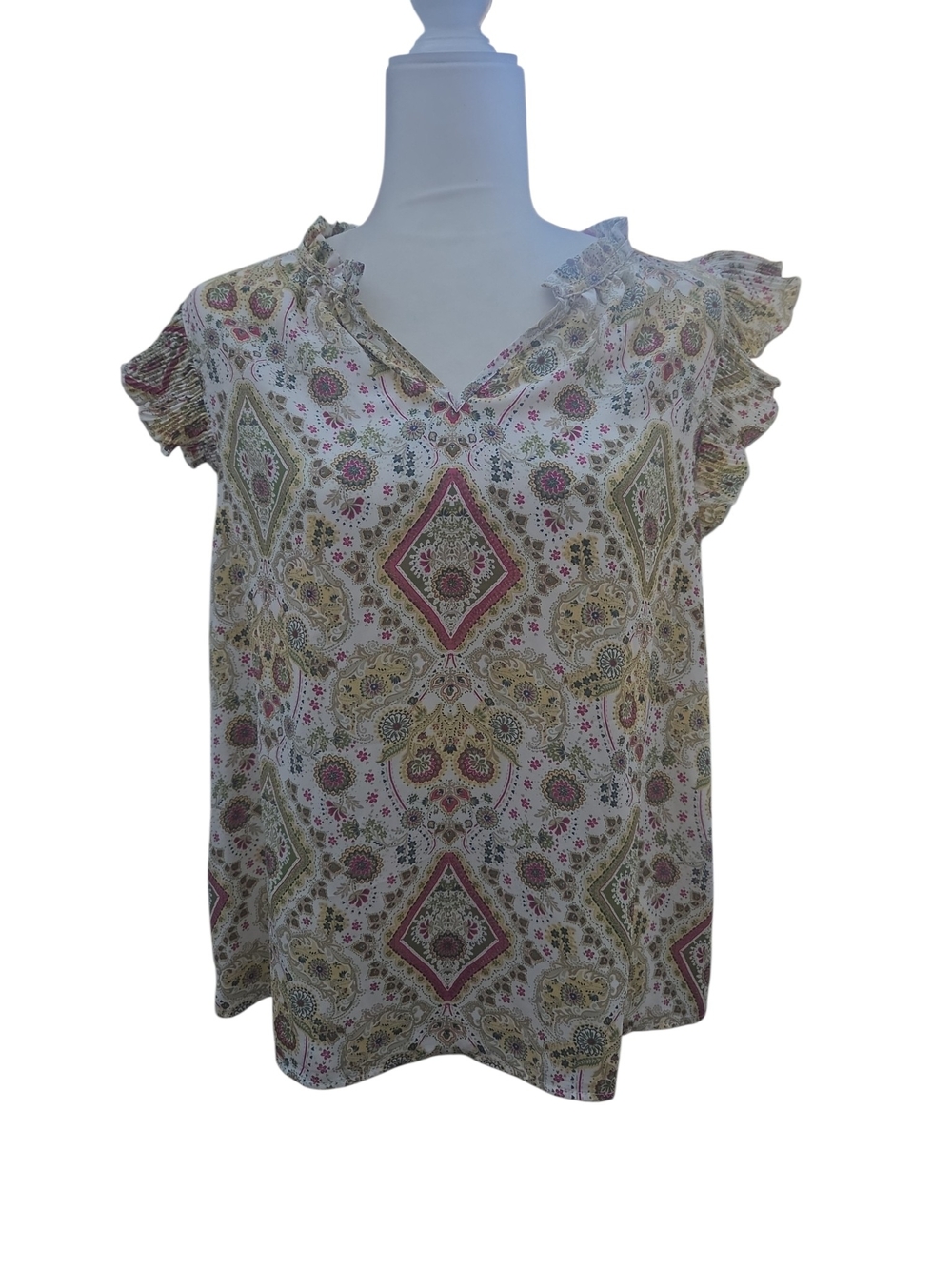 Nwot Chenault Paisley V-Neck Ruffle Sleeve Blouse - Cream, Pink, Olive